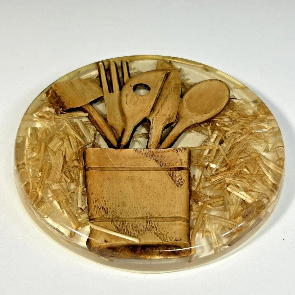 Vintage 70's Retro‎ Wood Lucite Resin Trivet Hot Plate UTENSILS Kitchen Boho